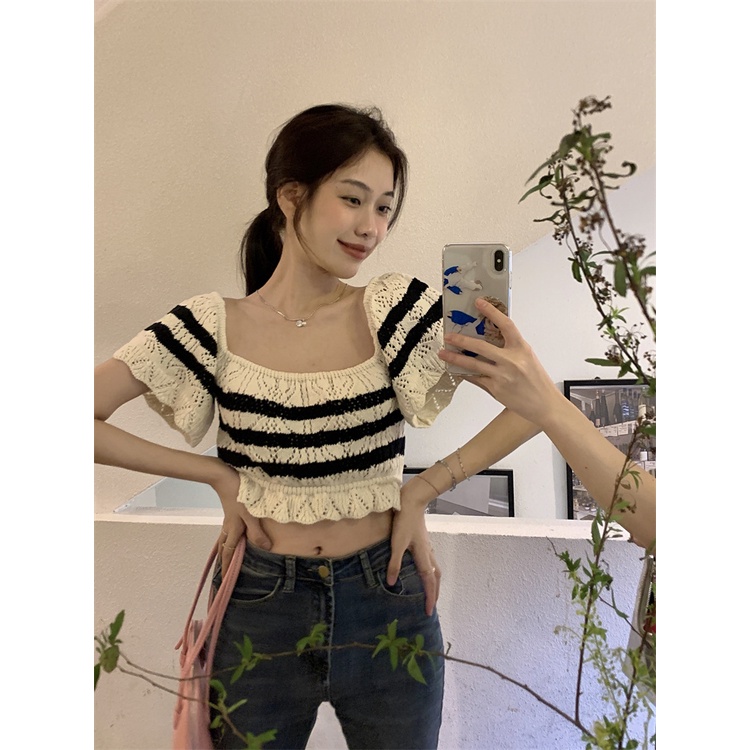 QADCOL  Áo Croptop Cổ Vuông Viền Bèo Họa Tiết Kẻ Sọc Màu Sắc Tương Phản Thời Trang Mùa Hè Cho Nữ