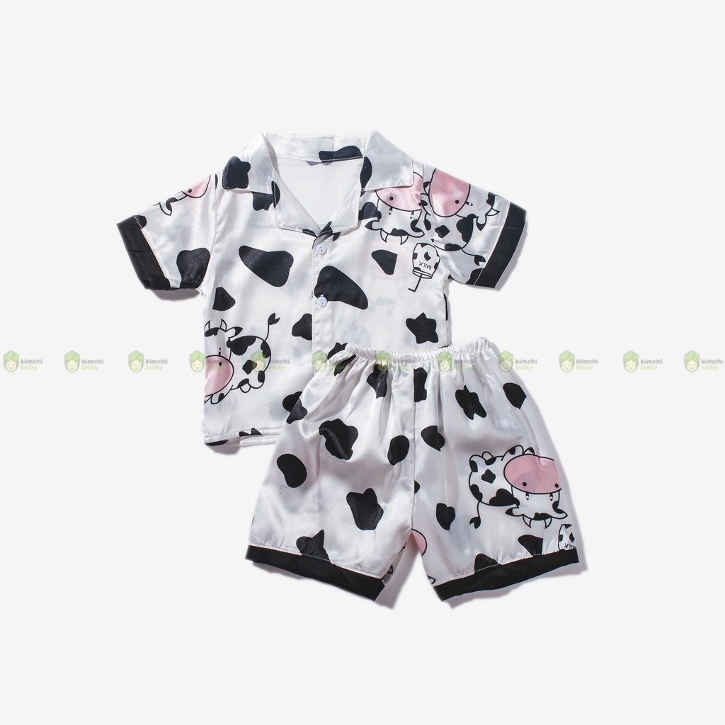 Bộ Pyjama Bé Gái KIMCHIBABY Vải Lụa Mềm Mát Hoạ Tiết Bò Sữa, Bộ Đồ Cho Bé Mặc Nhà Mùa Hè CK29