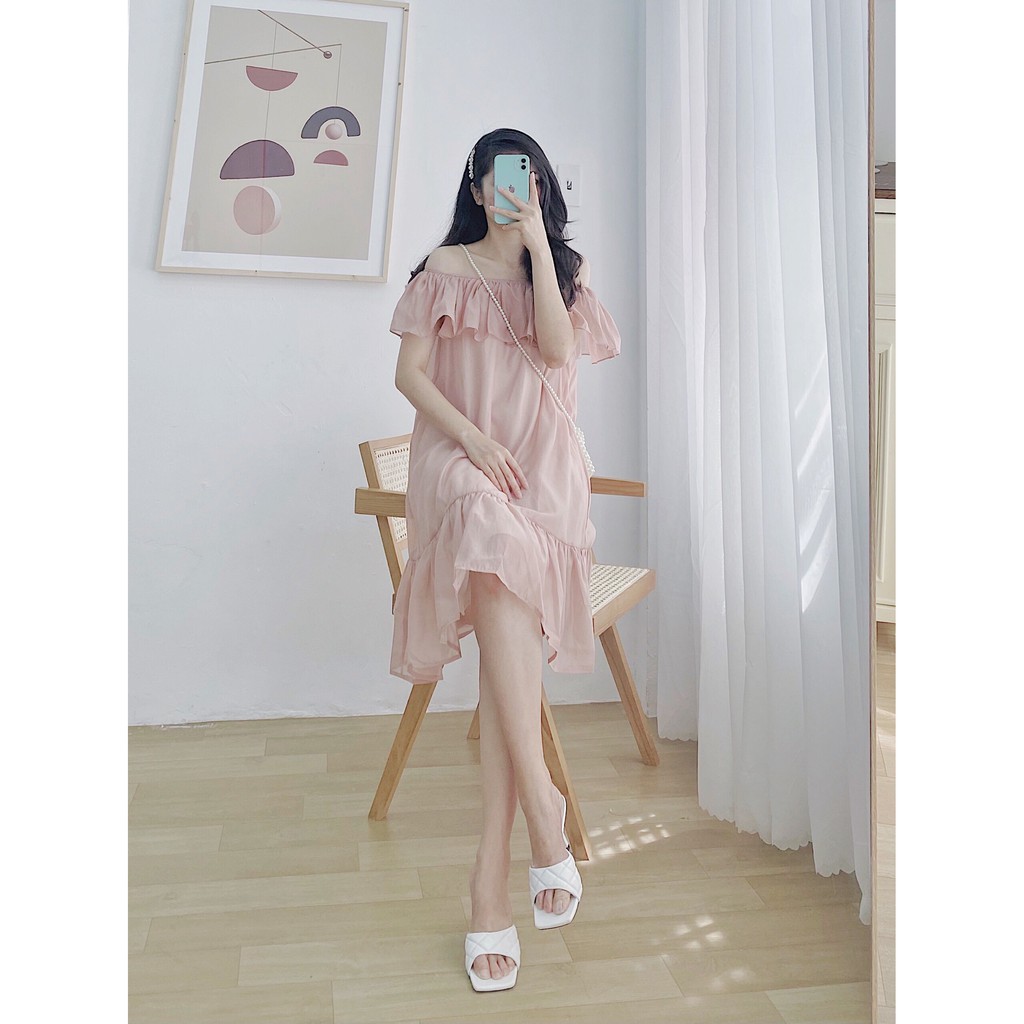 YU CHERRY | Đầm trễ vai, bèo phồng ngay ngực, dáng dài midi suông đuôi xòe Flying Organ Dress YD142