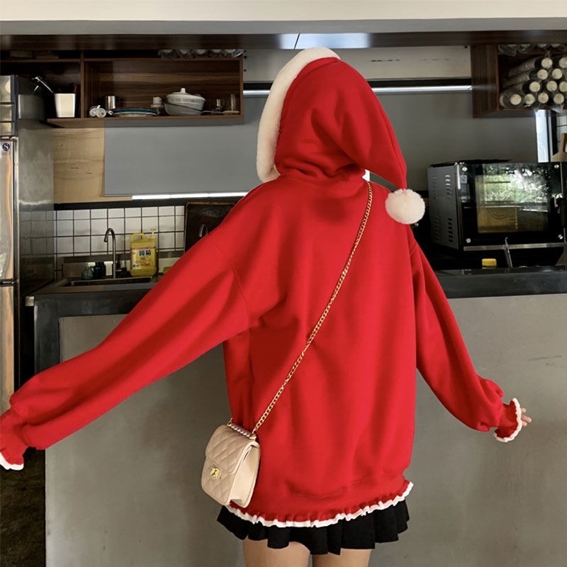 Áo hoodie lót nhung tay dài họa tiết giáng sinh dễ thương