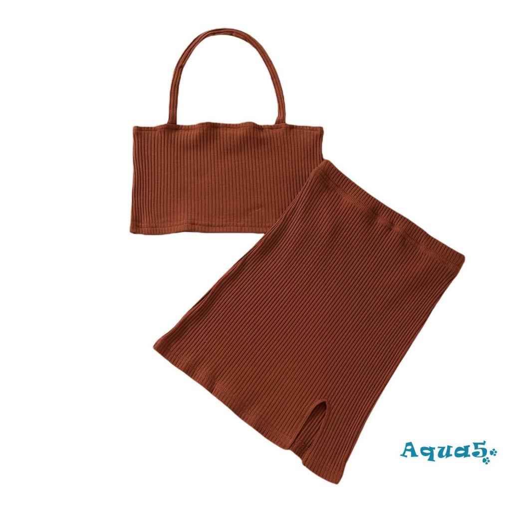 Bộ 2 món áo croptop không tay cổ yếm + chân váy ngắn xẻ tà màu trơn thời trang mùa hè cho bé gái 2-7 tuổi