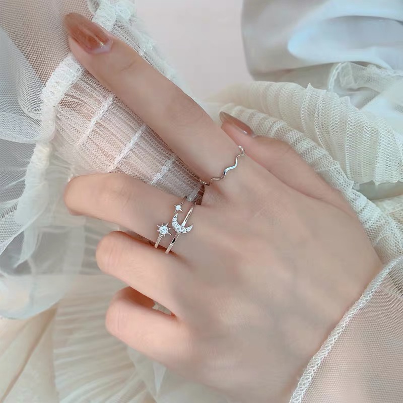 Phong cách hàn quốc sáng bóng trăng sao hai lớp mở nhẫn phụ nữ
