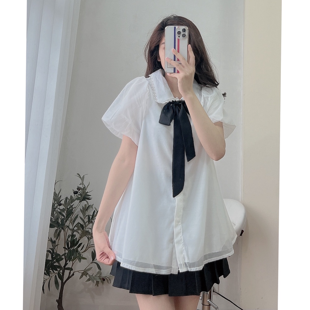 Áo sơ mi cộc tay nữ Hàn Quốc dáng Babydoll - áo nữ tay bồng có buộc nơ lonakeng shop A8504