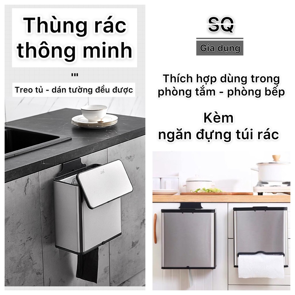 Thùng rác inox 304 treo tủ bếp, dán tường nhà tắm bán tự động đóng mở nắp cao cấp thông minh tiện ích