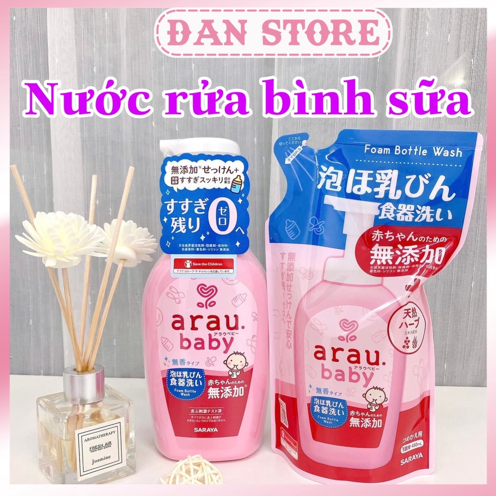 Nước rửa bình sữa Arau Nhật Bản, nước rửa chén đồ chơi cho em bé an toàn, nước rửa bình sữa Arau Baby chính hãng HCM