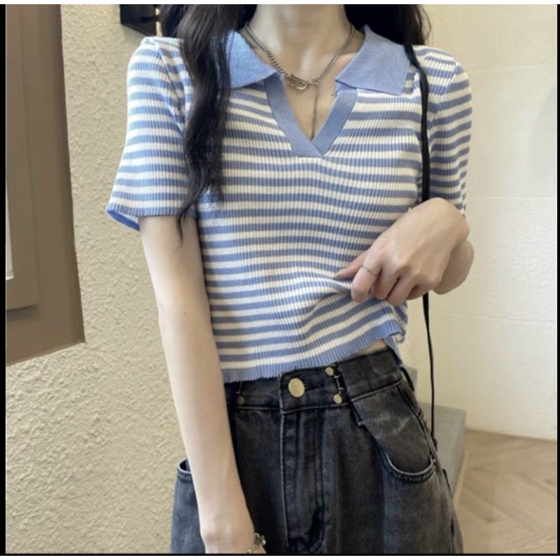 Áo len cộc tay cổ polo xẻ V phong cách trẻ trung ,freesize