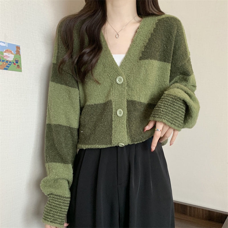 Áo Khoác Len Cardigan Mềm Mại Dáng Rộng Họa Tiết Kẻ Sọc Thời Trang Mùa Thu Cho Nữ