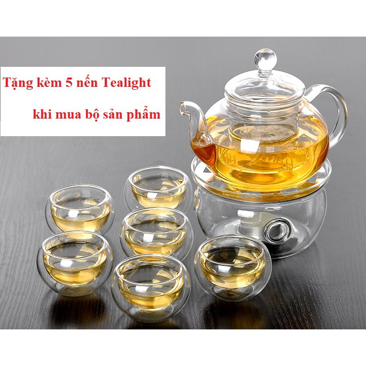 Bộ Ấm trà thủy tinh kèm khay gỗ tre chịu nhiệt dung tích 600ml có đế nến đun trà Bình trà thủy tinh tiệc trà đun nóng