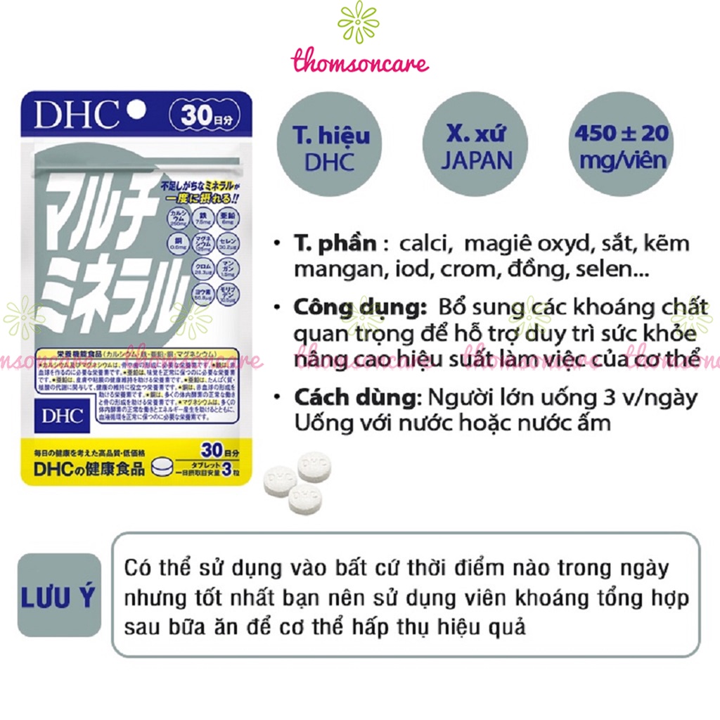 Viên uống khoáng tổng hợp DHC Multi Minerals - bổ sung Canxi, Sắt, Kẽm tăng sức đề kháng cho cơ thể - Túi 90v 30 ngày