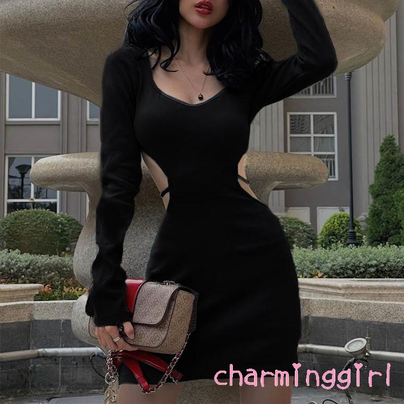 CHM-Women´s Short Bodycon Dress Solid Color Back Hollow-Out Long Sleeve Low-Cut Dress Spring Wrapped Hip Dress