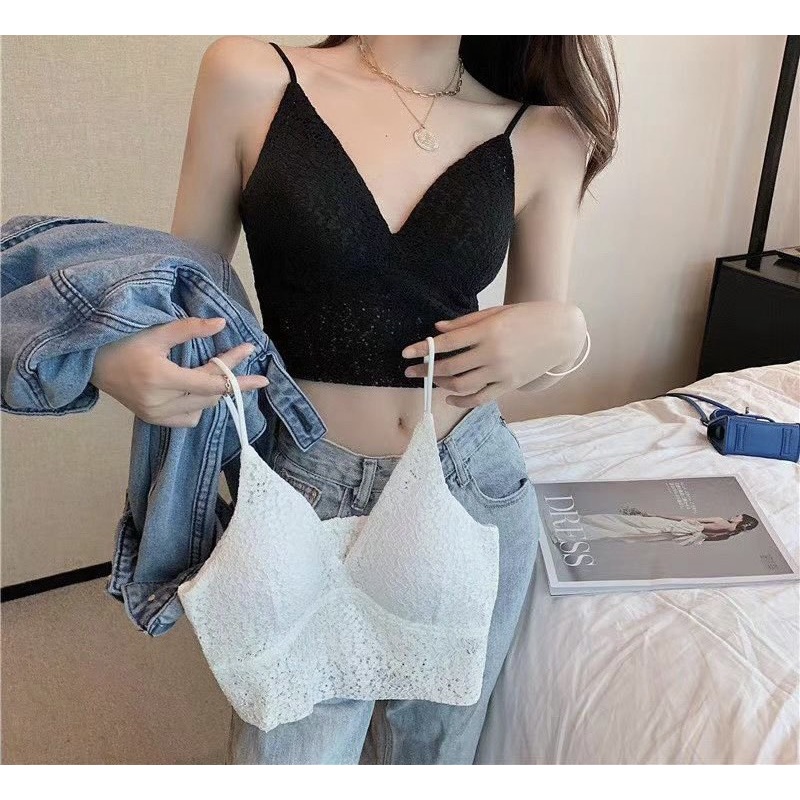 Áo bra hai dây ren hoa chun lưng sau co giãn có đệm mút mềm mại