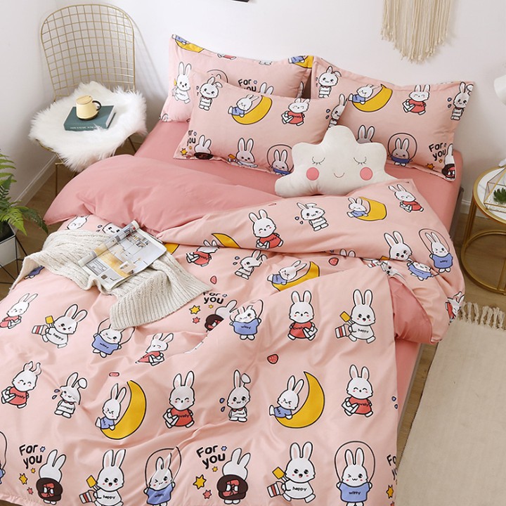 Bộ chăn ga gối chất Poly Coton Nhập Cao Cấp Mẫu Thỏ HỒNG FOR YOU Cho Bé Gái