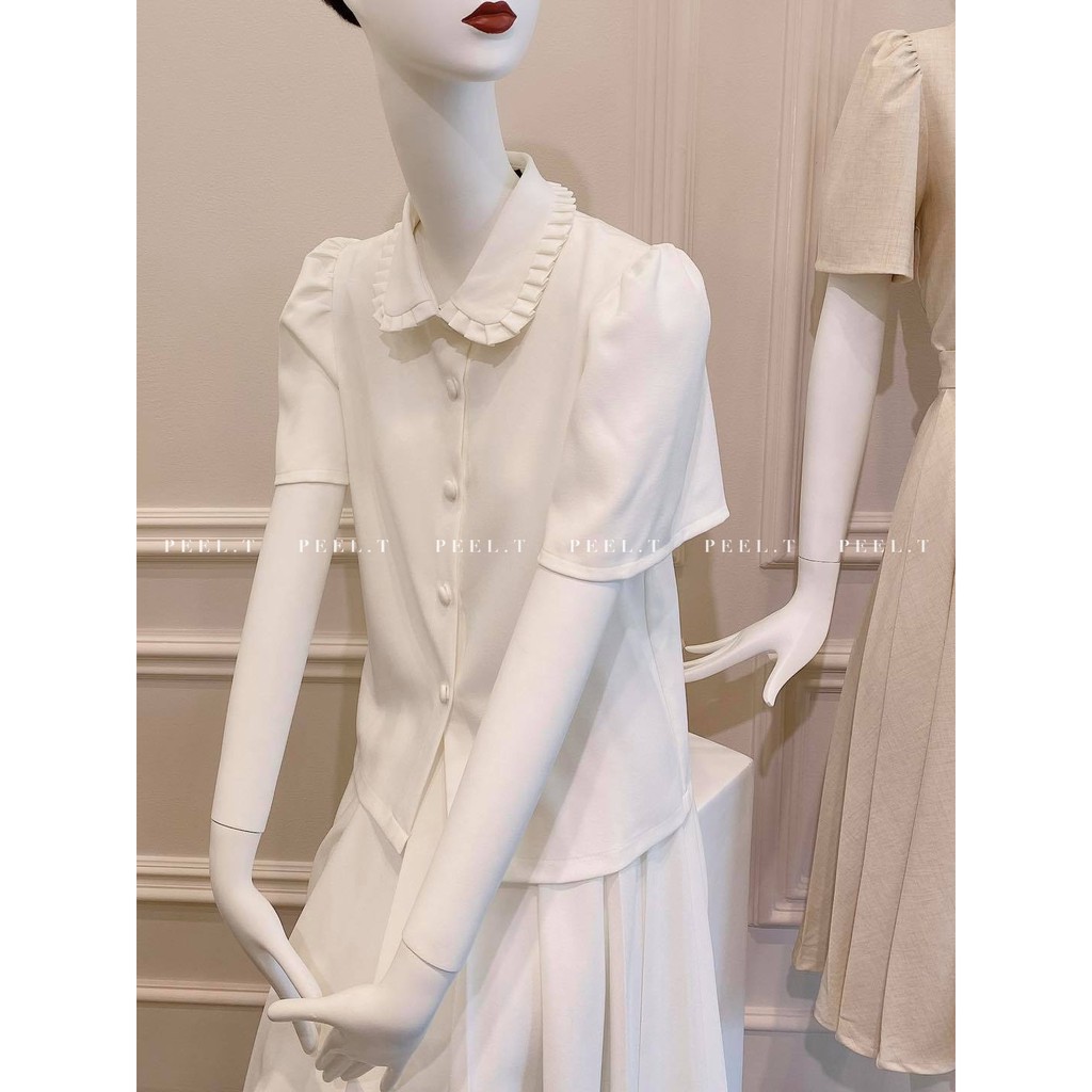 PEEL.T - Lina Top - Áo trắng, be baby tay phồng cổ sơ mi xếp ly