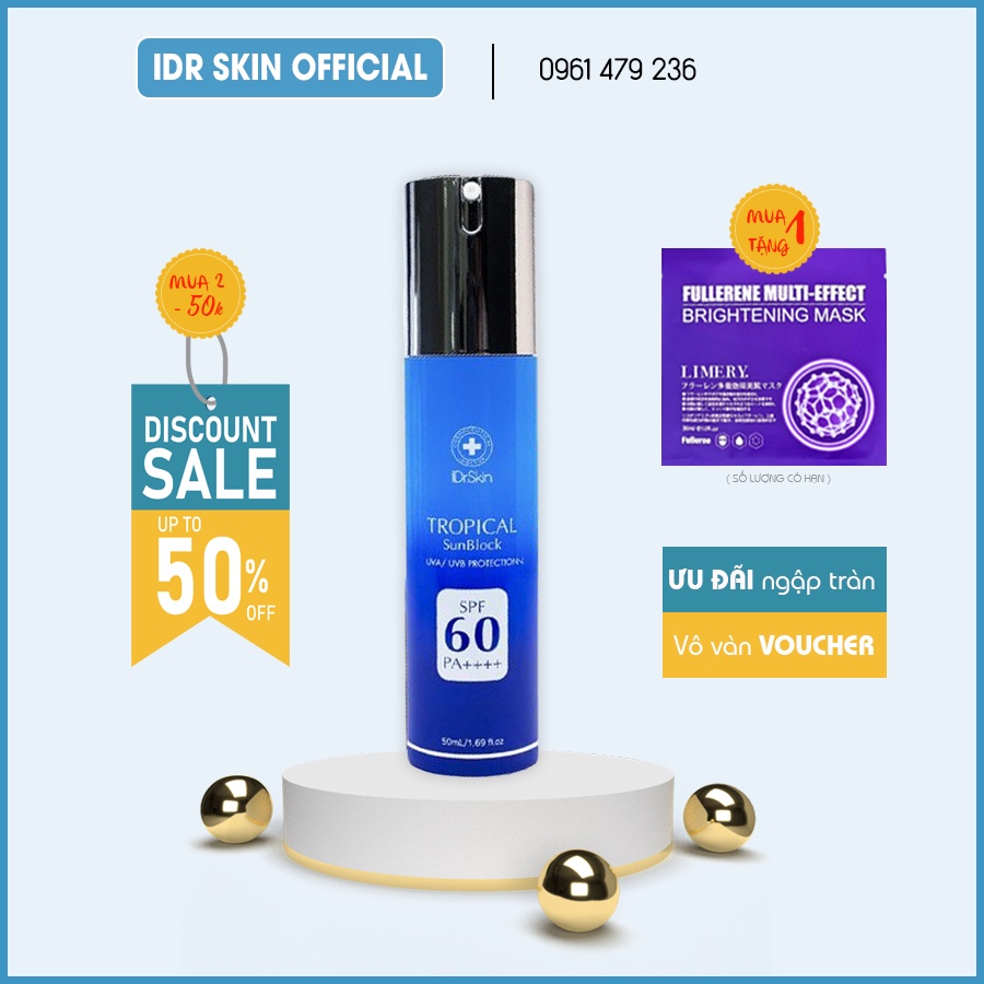 Kem chống nắng vật lý Idr Skin_ Idr.skin Tropical Sunblock SPF 60,PA++++ công nghệ pha lê hóa lỏng