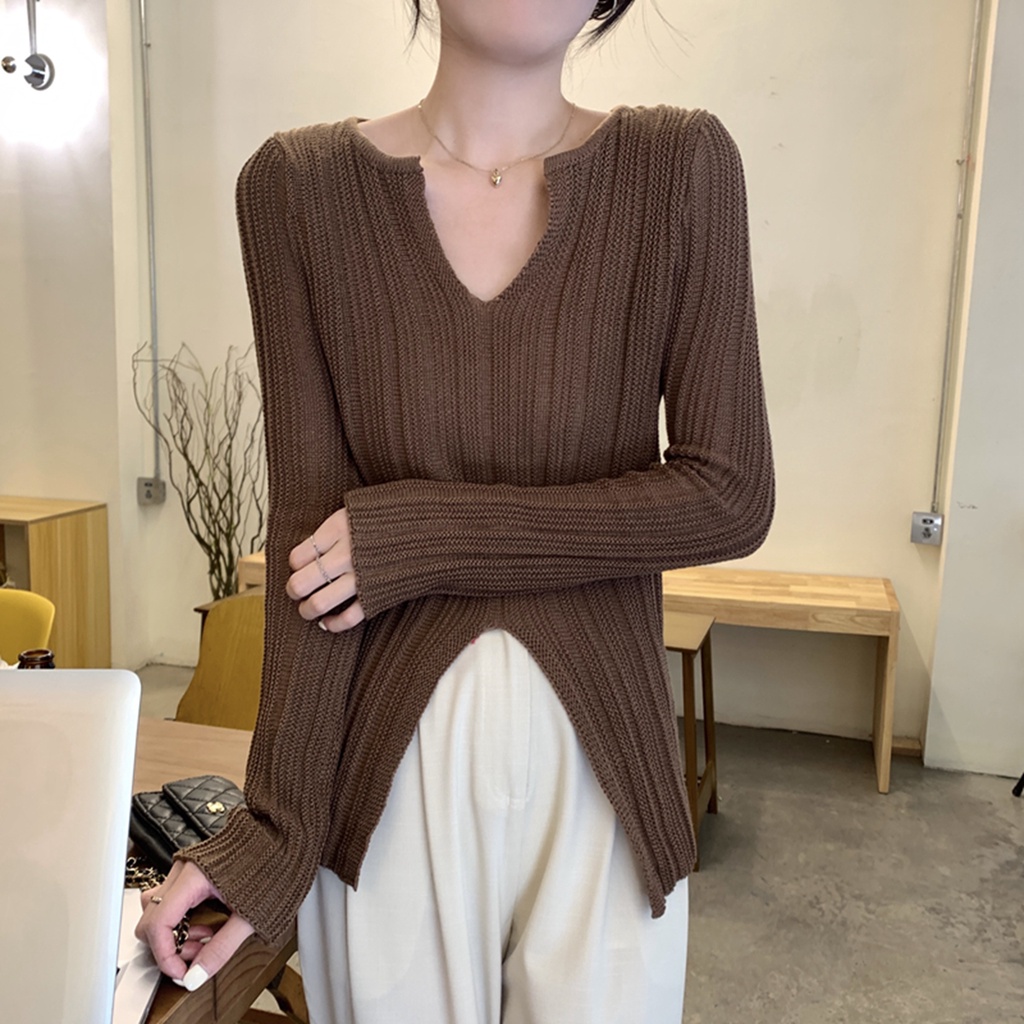 Áo Sweater Dệt Kim Cổ Chữ V Dáng Ôm Xẻ Tà Kiểu Hàn Quốc Thời Trang Mùa Thu Cho Nữ