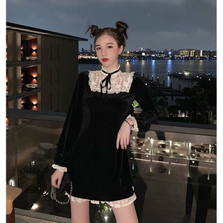 (Sẵn S/M) Đầm Nhung Mịn Phối Ren Phong Cách Gothic Váy đen cổ viền ren tiểu thư