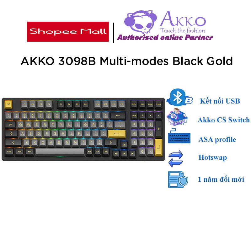 Bàn phím cơ AKKO 3098B Multi-modes Black Gold (Bluetooth 5.0 / Wireless 2.4Ghz / Hotswap) -  AKKO CS SWITCH