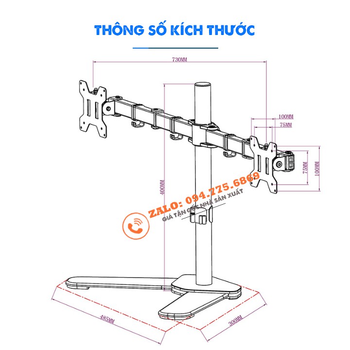 Giá Treo Hai Màn Hình Máy Tính Đặt Bàn - Tay Đỡ 2 Màn Hình Để Bàn - Model: M042 - Hỗ Trợ Màn 17 - 27 Inch - Xoay 360 Độ