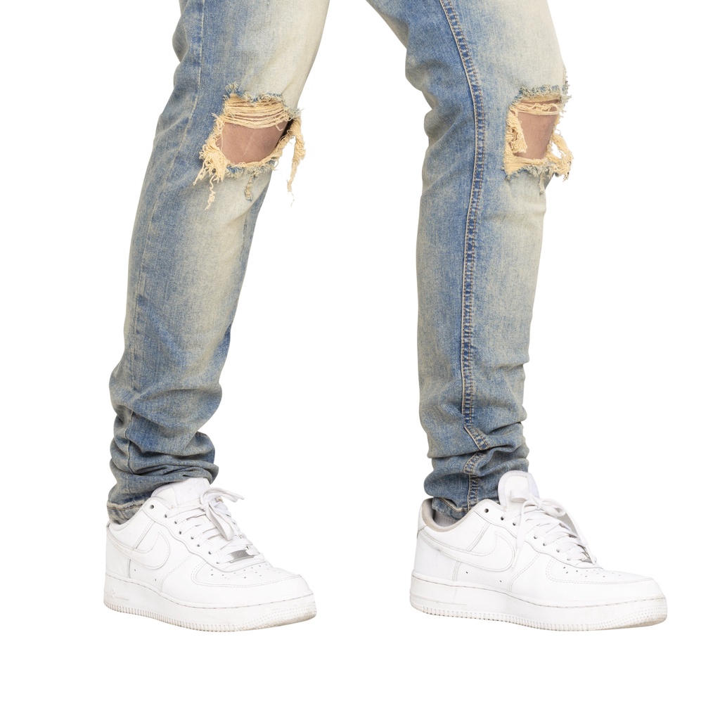 Quần jean nam streetwear cao cấp FNOS NZ10 màu xanh rách gối form slimfit jean thun co giãn