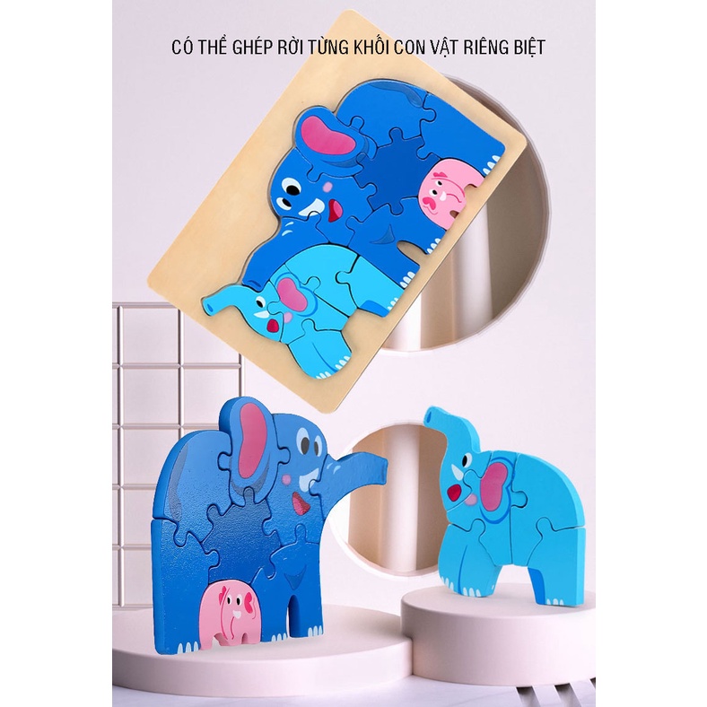 Tranh ghép hình 3D bằng gỗ hàng dày, đẹp chủ đề gia đình động vật ngộ nghĩnh phát triển trí tuệ, giáo dục sớm cho bé