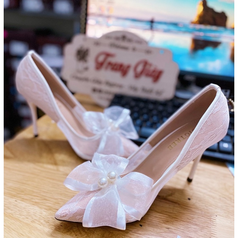 GIÀY CƯỚI NƠ MŨI ĐÍNH CƯỜM HÌNH SHOP CHỤP THẬT