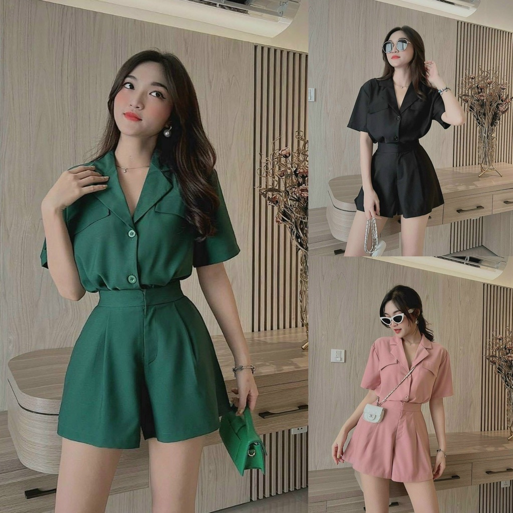 Sét vest nữ ngắn tay phối quần ống rộng xinh xắn 4 màu sắc (Xanh lá, Đen, Nỏn chuối, Hồng).