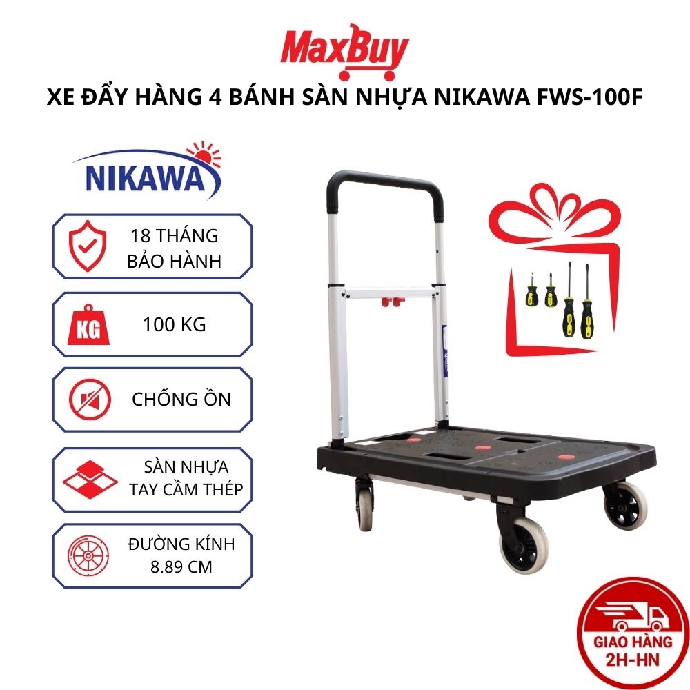 Xe đẩy hàng 4 bánh cao su chống ồn sàn nhựa tay cầm thép có thể thay đổi kích thước Nikawa FWS-100F 100kg hỏa tốc HN