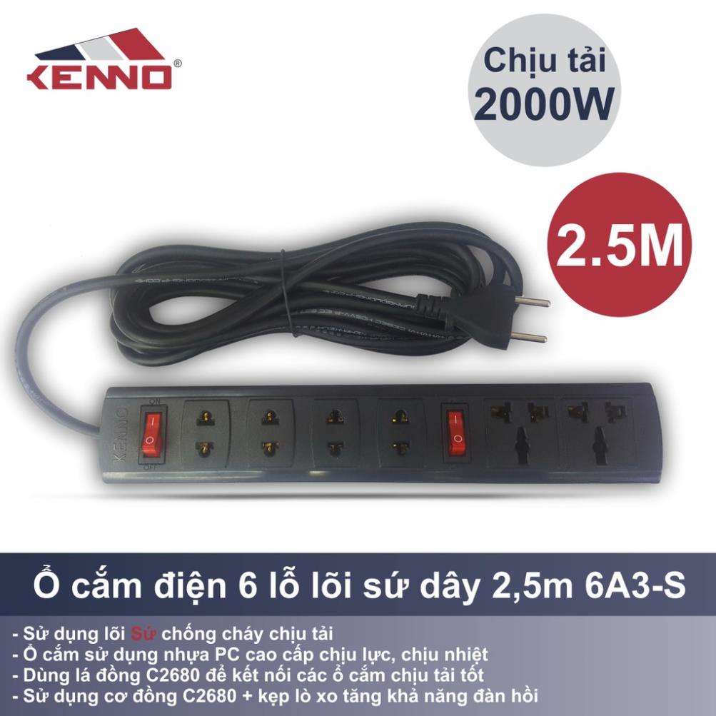 Ổ cắm điện 6 lỗ lõi sứ chịu tải 2000W dây dài 2,5m 6A3-S