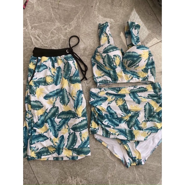 Set Bikini Nam Nữ Họa Tiết Dễ Thương, Đồ Bơi Coupler Lá Xanh [Ảnh Chụp Thật] - OS038