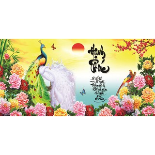 Tranh dán tường HD Đôi chim công thư pháp Hạnh Phúc HUD0066 KT 120 x 60 cm