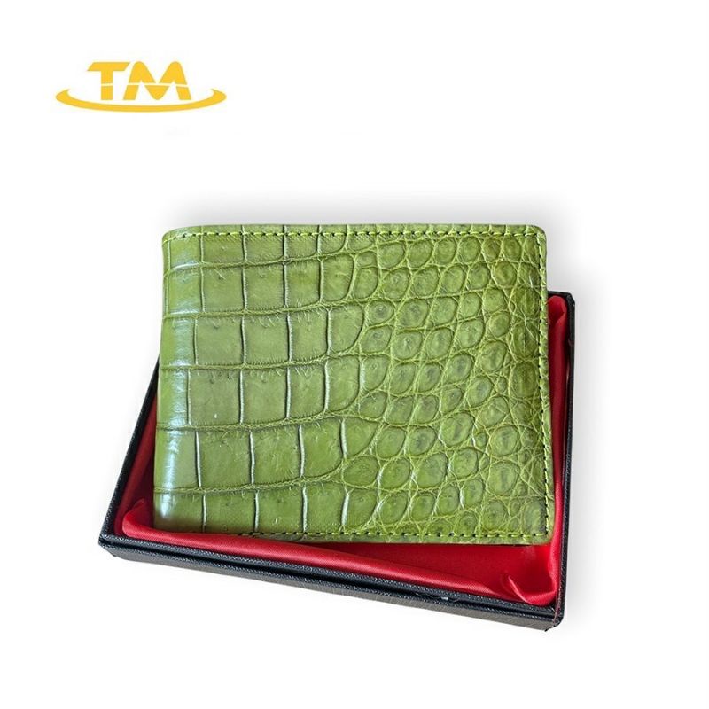 Ví Nam Đựng Tiền Da Cá Sấu Thật Màu Xanh Rêu ST81 Phần Da Bụng Trơn Cá Sấu Mềm Mại Không Cấn Gai Full Hộp BH 24 Tháng
