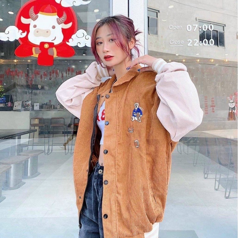 [Ảnh thật] Áo Khoác Bomber Nhung Gân Thêu Gấu - Form Áo Rộng Thoải Mái Unisex Nam Nữ Couple | BigBuy360 - bigbuy360.vn