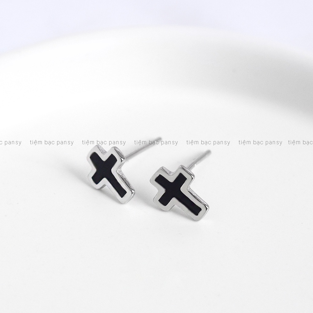 Khuyên tai bạc nam nữ unisex PANSY hình thánh giá bấm lỗ đẹp