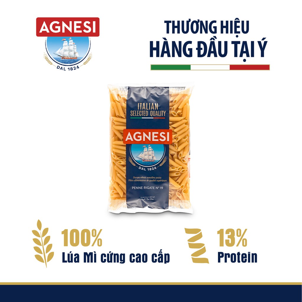 Combo 3 gói nui Agnesi 1kg, penne rigate dùng lúa mì durum cao cấp