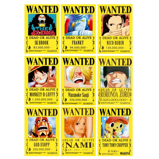 Poster LỆNH TRUY NÃ Hải tặc ONE PIECE 1 set 9 cái A4