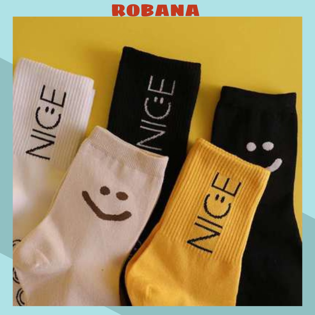 Vớ nữ cổ cao ROBANA họa tiết chữ NICE mặt cười phong cách Hàn Quốc TN14