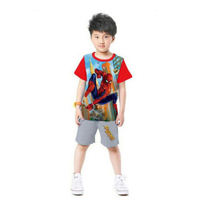 Bộ thun cotton lụa in 3D người nhện Spiderman bé trai