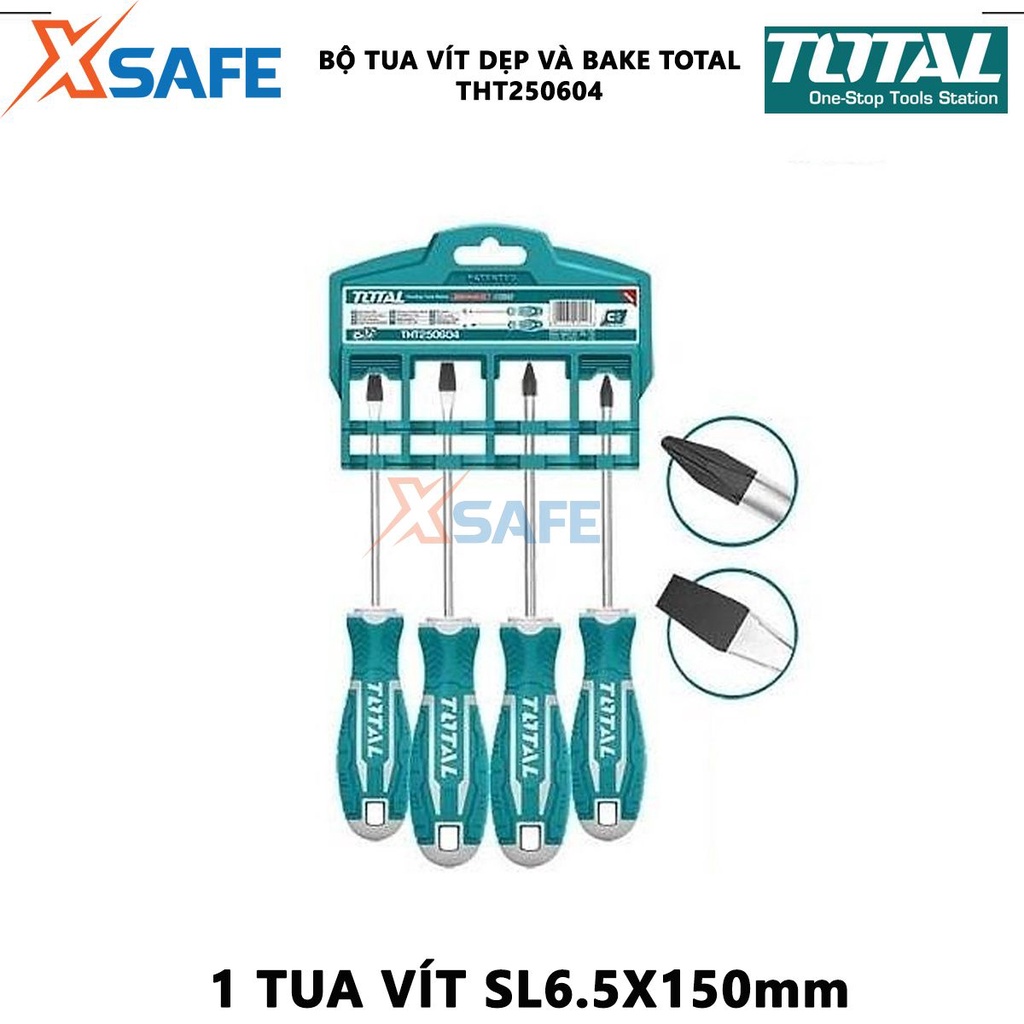 Bộ tuốc nơ vít dẹp và bake 4 chi tiết TOTAL THT250604 | Bộ 4 tua vít tua vít SL5.5X100mm, tua vít SL6.5X150mm