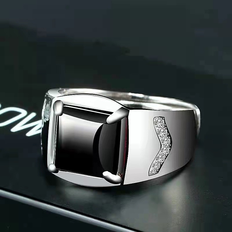Nhẫn Onyx màu bạc thiết kế đơn giản có thể điều chỉnh kích thước