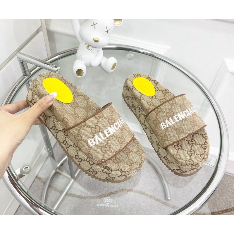 Dép xuồng nữ quai ngang đế cao họa tiết GG chữ thêu Nguyên hộp hãng cao cấp