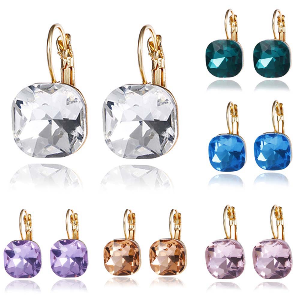 Bông tai hợp kim đính đá hình vuông xinh xắn ( 6 màu )