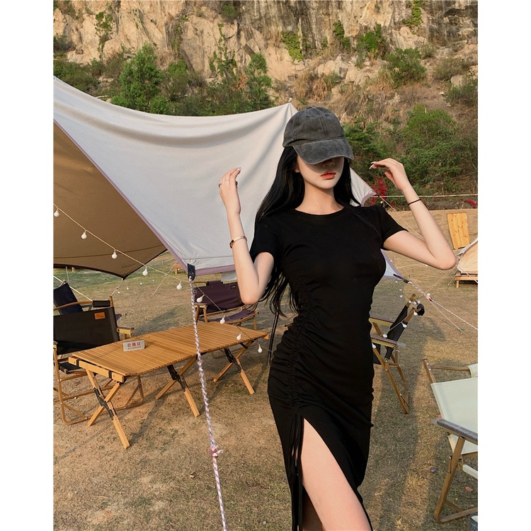 DUNEA Đầm Midi Tay Ngắn Màu Trơn Thiết Kế Xẻ Tà Bên Hông Thời Trang Cho Nữ 3.8