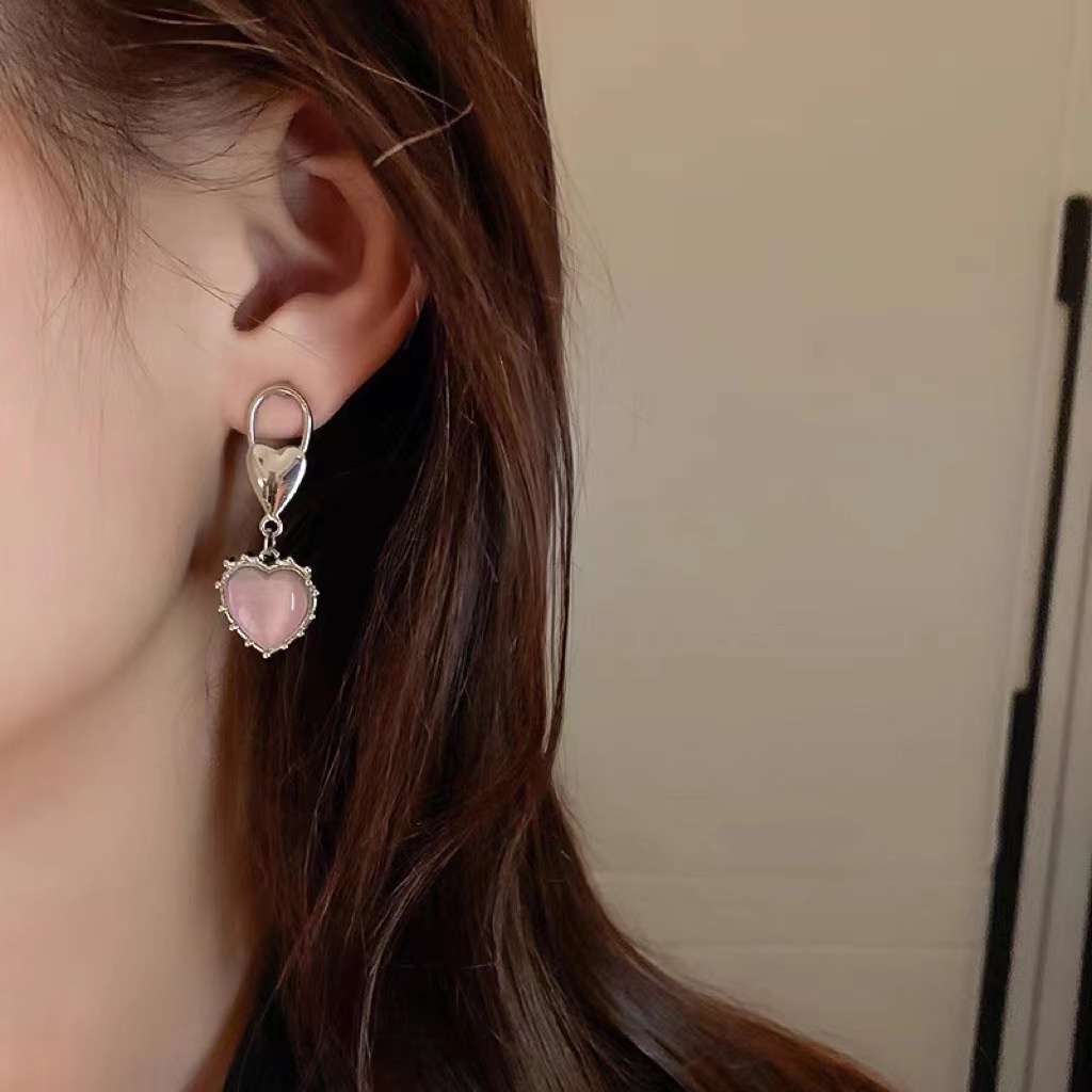 Bông Tai Mạ Bạc 925 Hình Trái Tim Đính Đá opal Hồng Dễ Thương Phong Cách Harajuku Cho Nữ