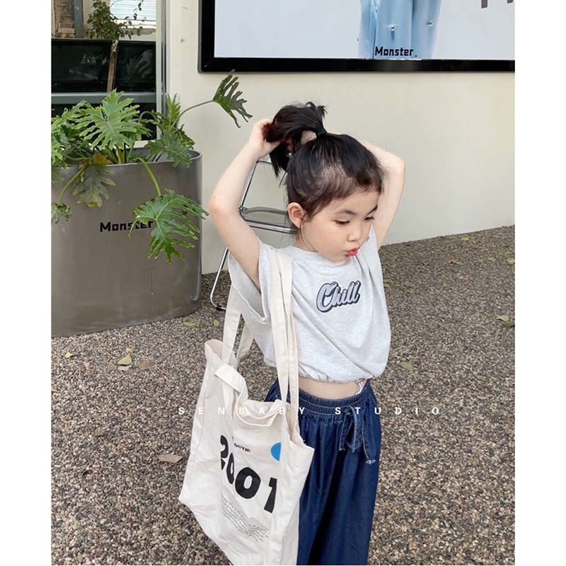 Bộ Áo Thun Tay Ngắn Và Quần Denim Cotton Dáng Rộng Thoải Mái Phong Cách Hàn Quốc Cho Bé Gái