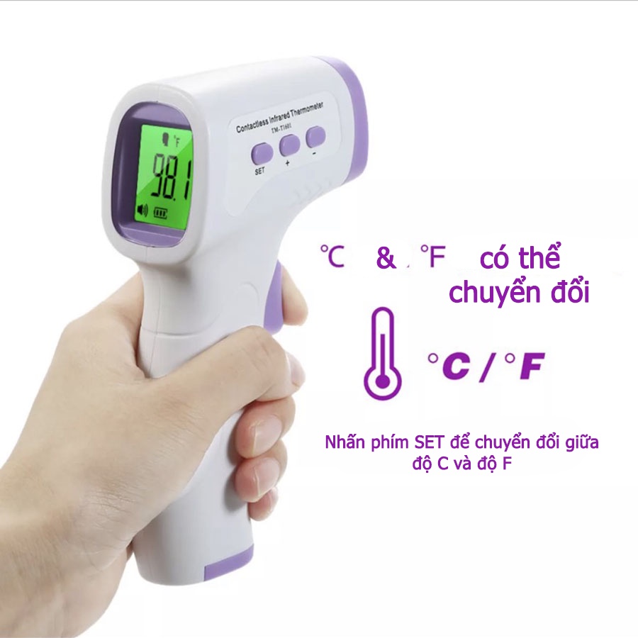 Máy đo nhiệt độ hồng ngoại loại không tiếp xúc đo trán và gáy - Tặng pin bảo hành 12 tháng - KU0026