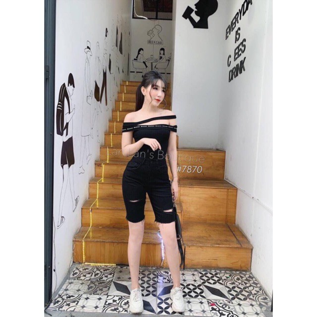 Quần jean lửng gối rách ngang lưng cao 2 nút có size đại