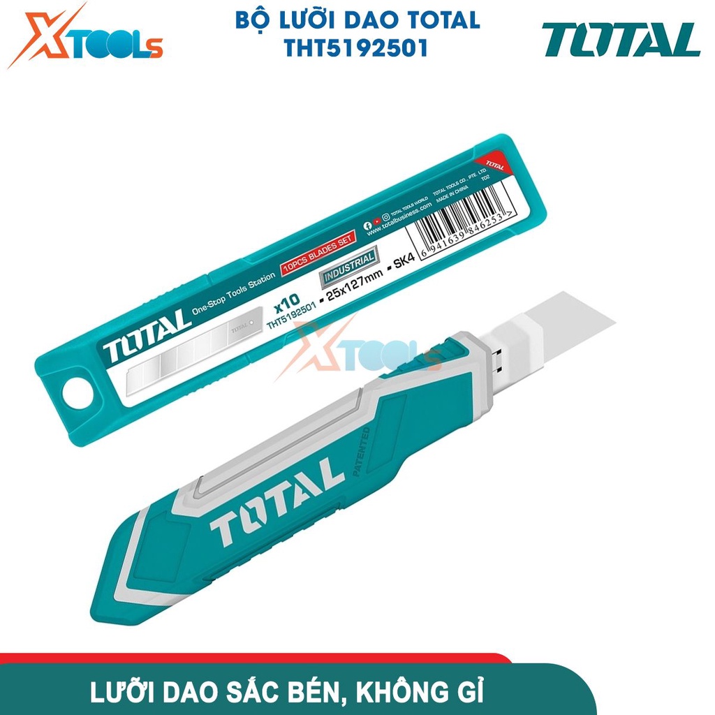 Bộ 10 lưỡi dao rọc giấy TOTAL THT5192501 25x127mm, thép SK4 cứng chắc, hộp nhựa chắc chắn chống thất -CHÍNH HÃNG-XTOOLS