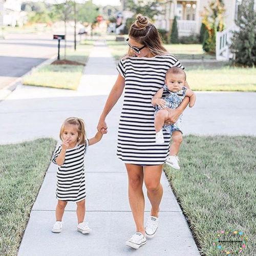 ღWSVღFamily Matching Outfits Mother&amp;Daughter Clothes Dress Baby Girl Striped Skirt