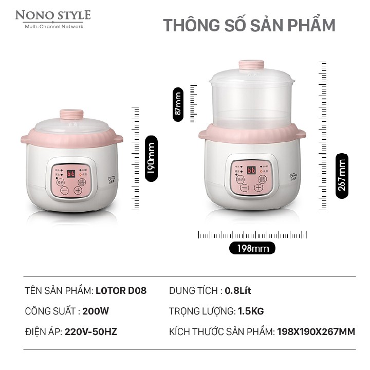 Nồi hầm cháo hẹn giờ đa năng hầm chậm, ninh yến, tiềm cách thủy - Lotor 0.8 Lít D08  - BẢO HÀNH 12 THÁNG