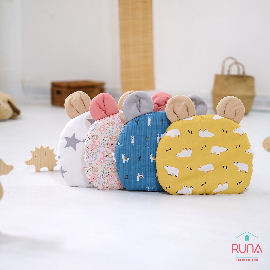 Gối lót đầu cho trẻ sơ sinh RUNA KIDS hình tai gấu chất liệu Satin cao cấp mềm mịn, thoáng mát, an toàn cho da bé